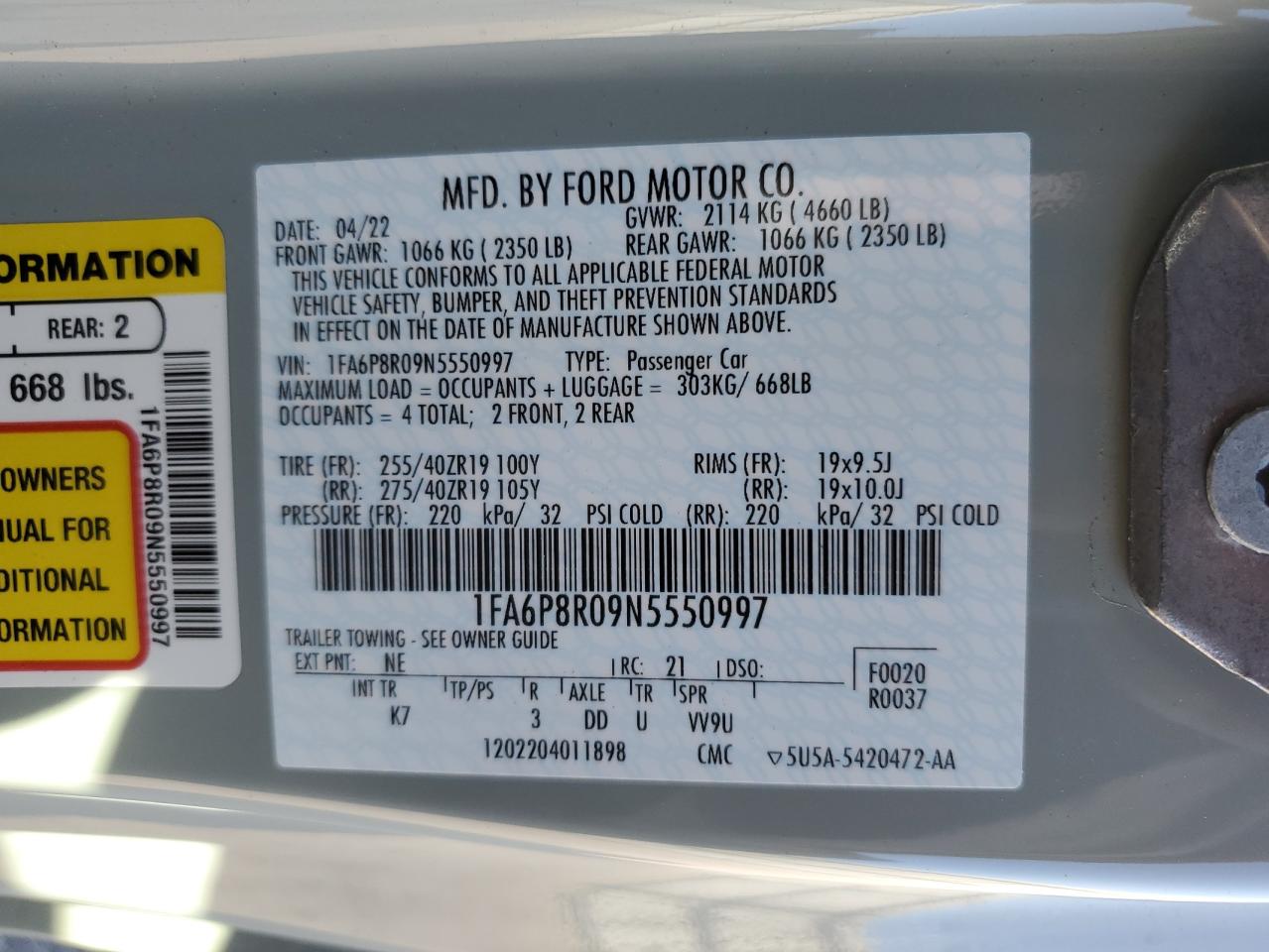 2022 FORD MUSTANG MACH I VIN:1FA6P8R09N5550997