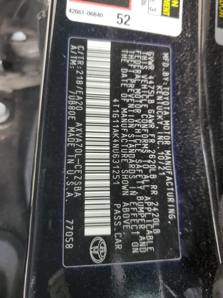 2022 TOYOTA CAMRY SE VIN:4T1G11AK4NU631251