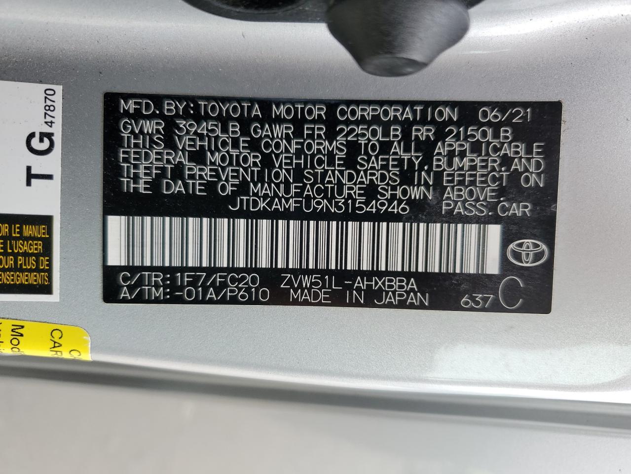 2022 TOYOTA PRIUS NIGHT SHADE VIN:JTDKAMFU9N3154946