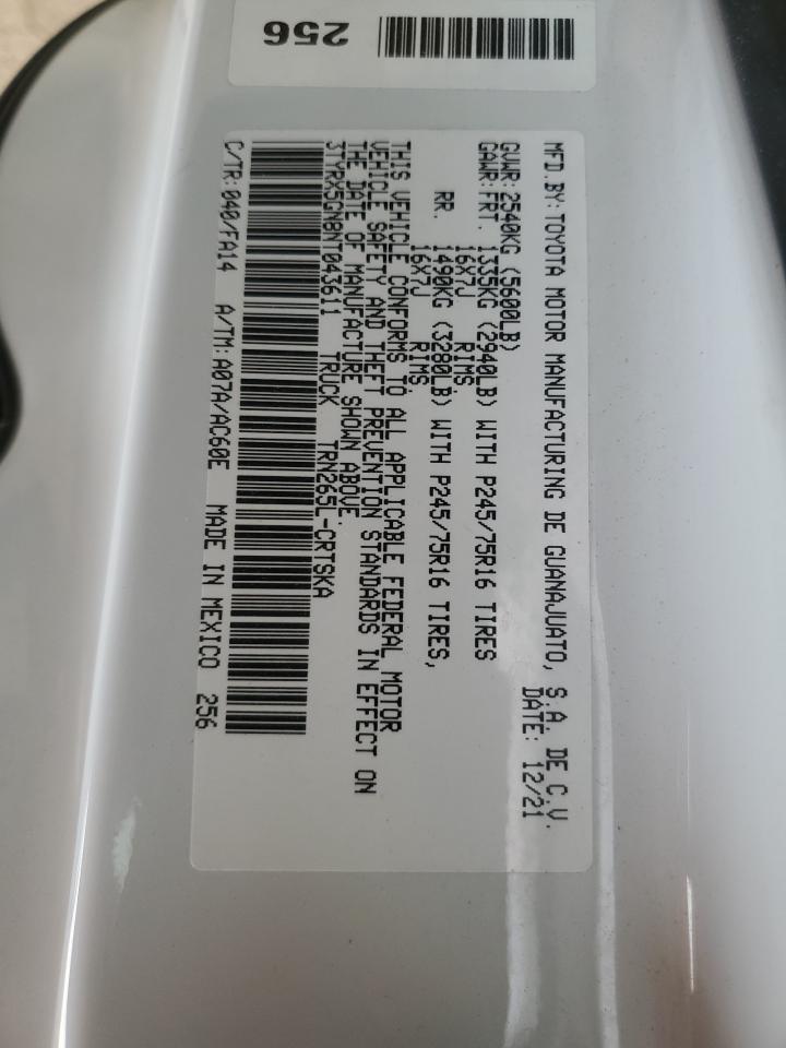 2022 TOYOTA TACOMA ACCESS CAB VIN:3TYRX5GN8NT043611