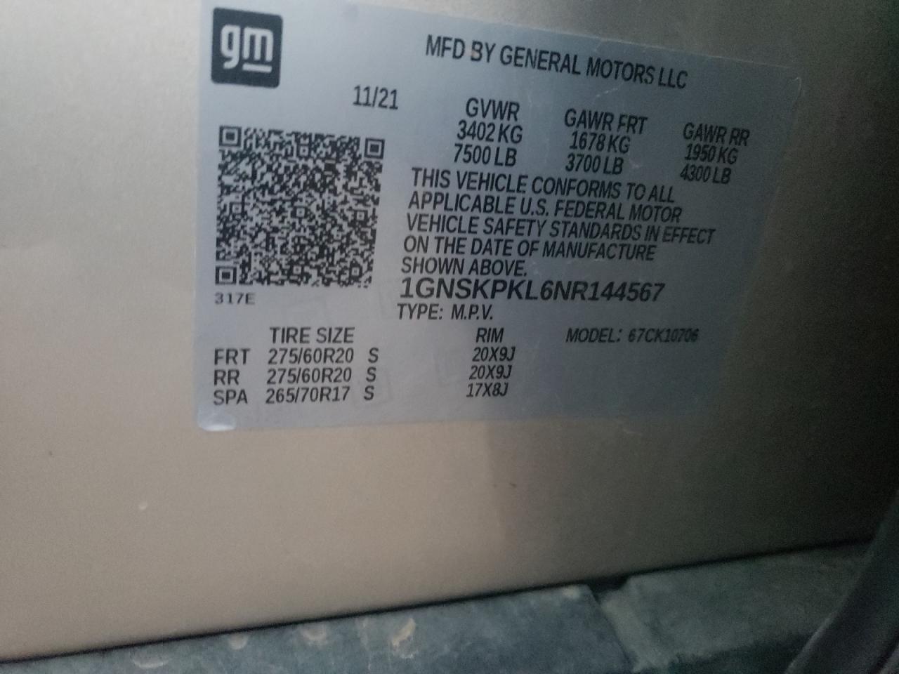 2022 CHEVROLET TAHOE K1500 Z71 VIN:1GNSKPKL6NR144567