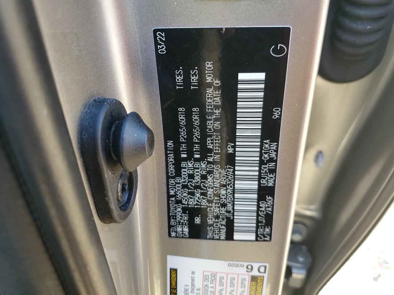 2022 LEXUS GX 460 VIN:JTJAM7BX9N5326947