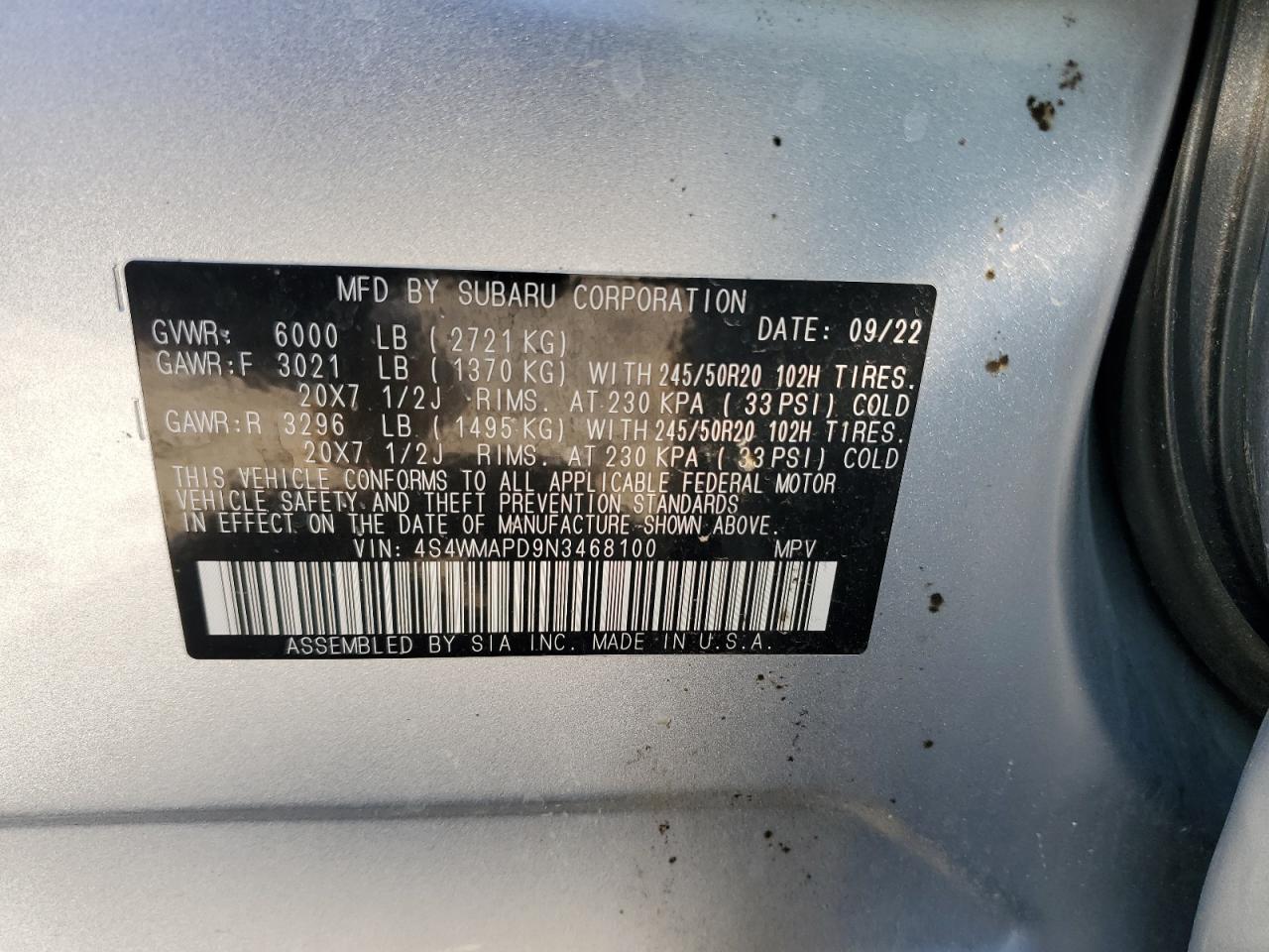 2022 SUBARU ASCENT LIMITED VIN:4S4WMAPD9N3468100