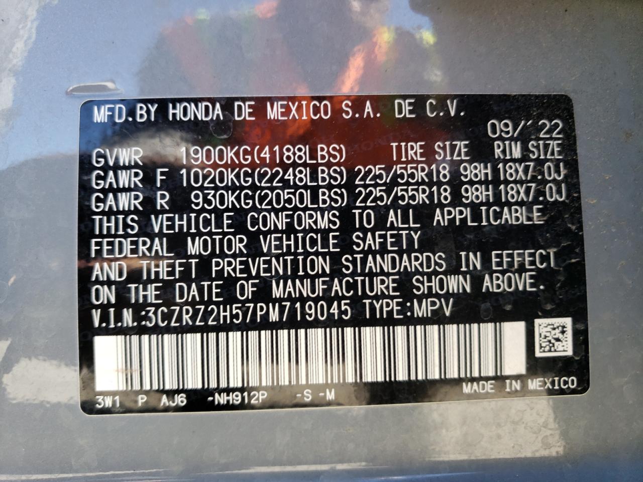 2023 HONDA HR-V SPORT VIN:3CZRZ2H57PM719045