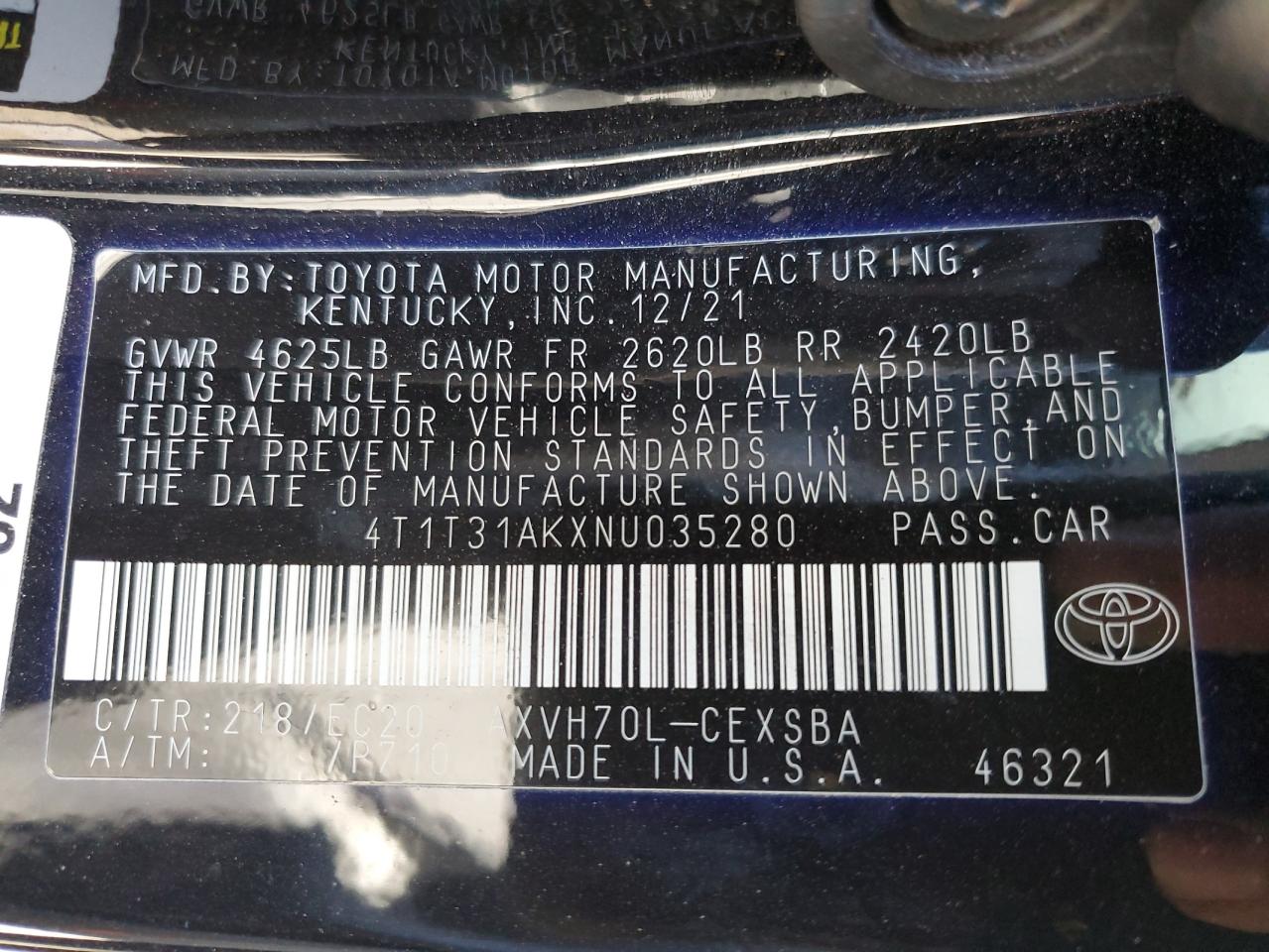 2022 TOYOTA CAMRY NIGHT SHADE VIN:4T1T31AKXNU035280