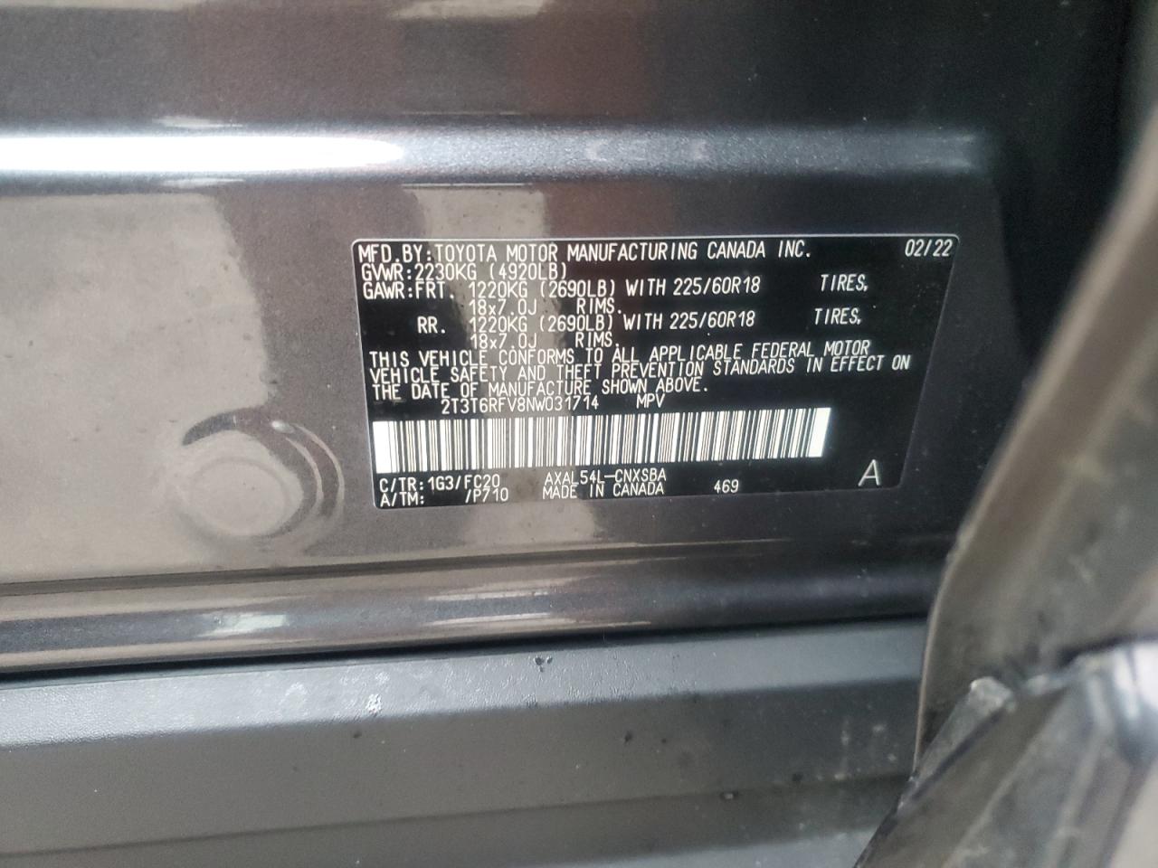 2022 TOYOTA RAV4 SE VIN:2T3T6RFV8NW031714