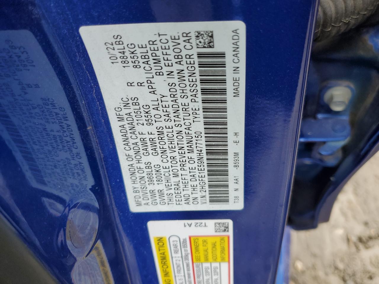2022 HONDA CIVIC SI VIN:2HGFE1E59NH477150