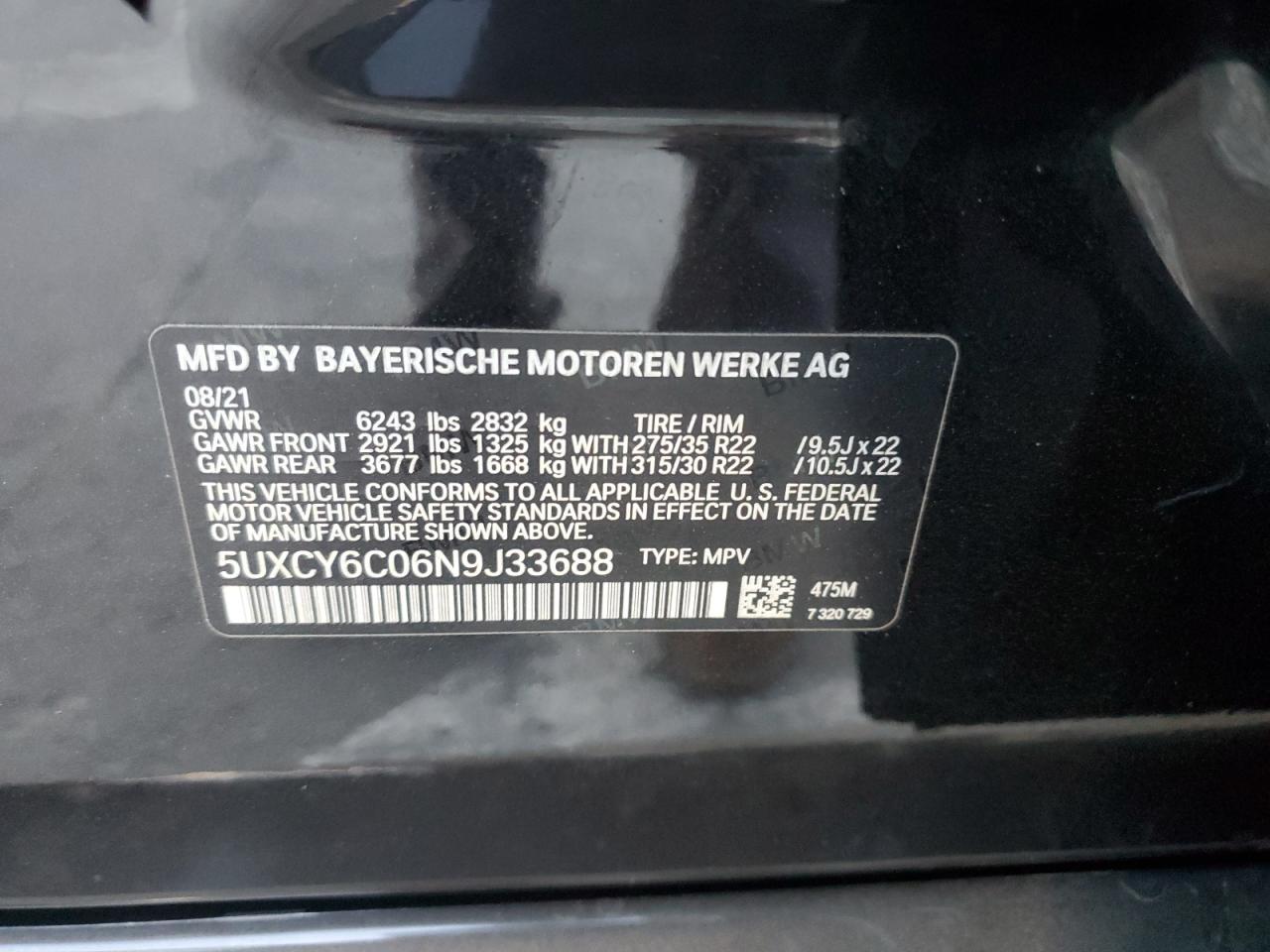 2022 BMW X6 XDRIVE40I VIN:5UXCY6C06N9J33688