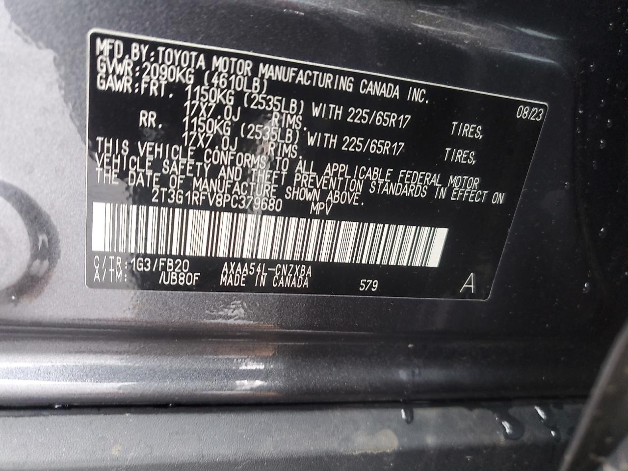 2023 TOYOTA RAV4 LE VIN:2T3G1RFV8PC379680