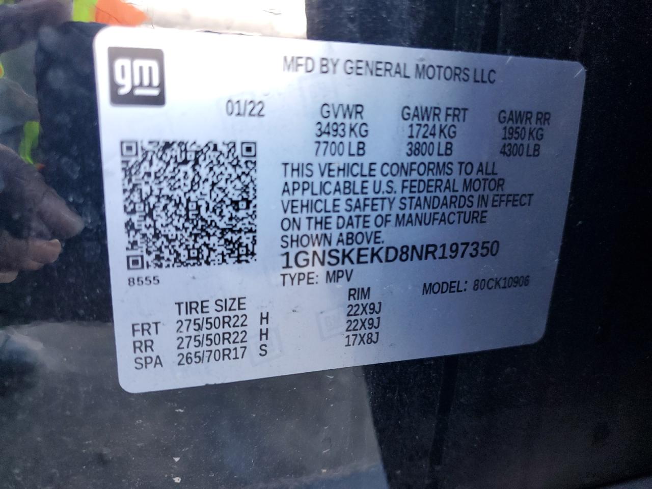 2022 CHEVROLET SUBURBAN K1500 RST VIN:1GNSKEKD8NR197350