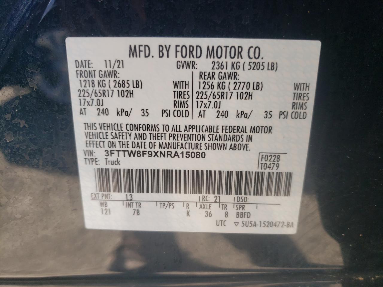 2022 FORD MAVERICK XL VIN:3FTTW8F9XNRA15080