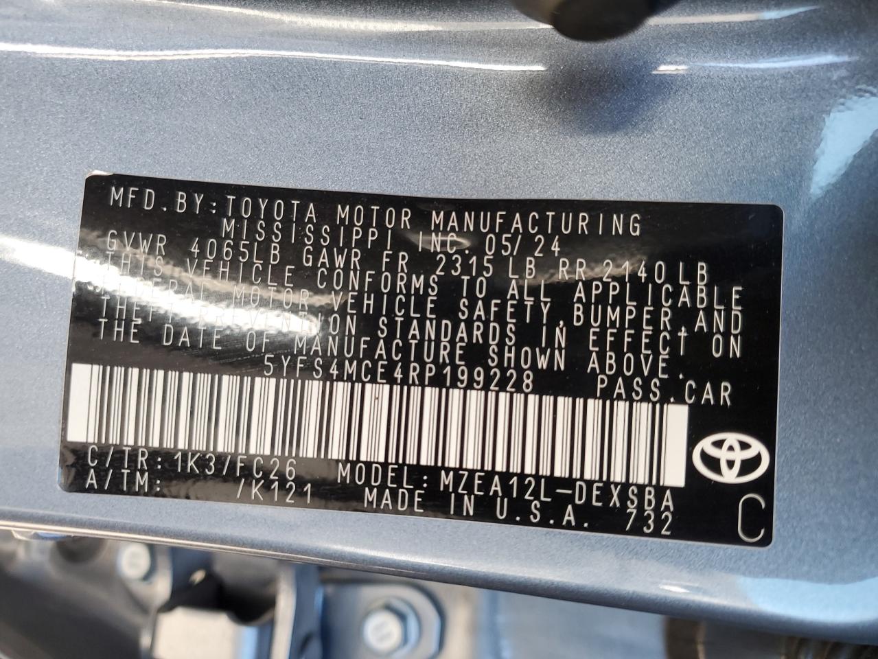 2024 TOYOTA COROLLA SE VIN:5YFS4MCE4RP199228