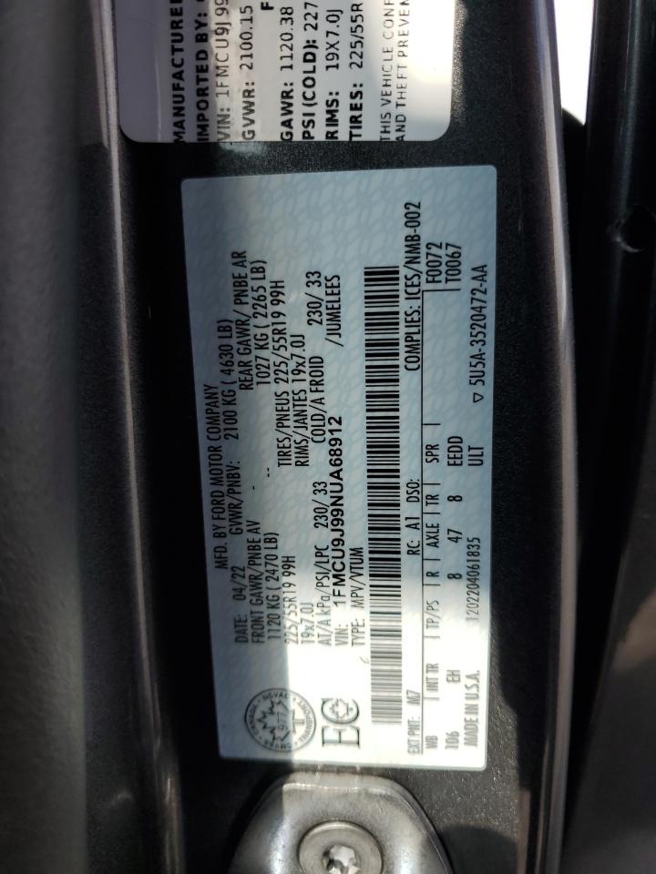 2022 FORD ESCAPE TITANIUM VIN:1FMCU9J99NUA68912