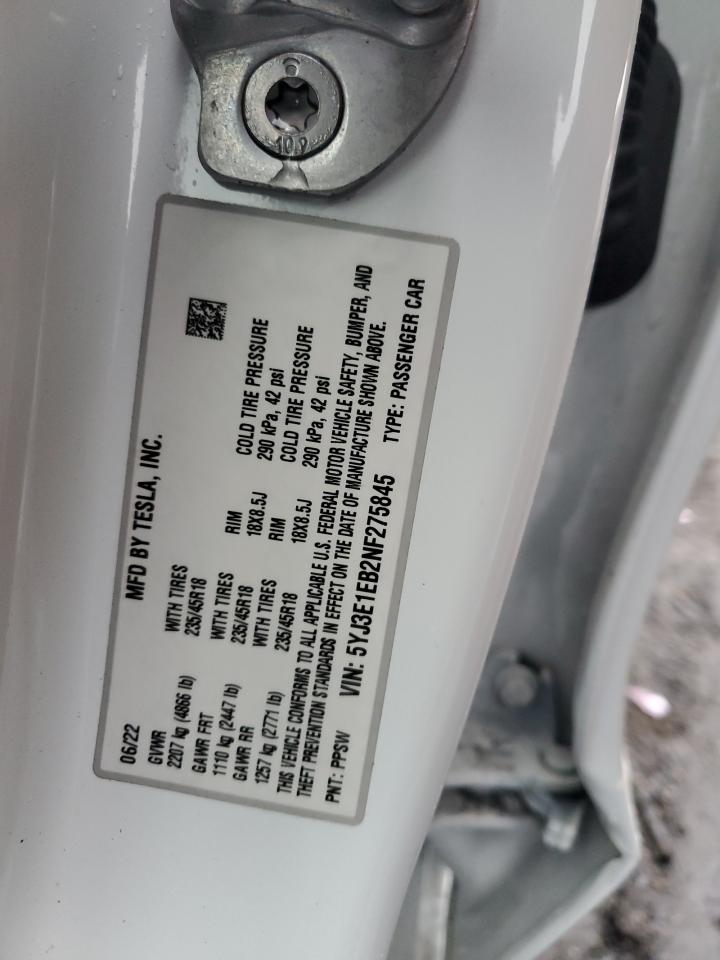 2022 TESLA MODEL 3  VIN:5YJ3E1EB2NF275845