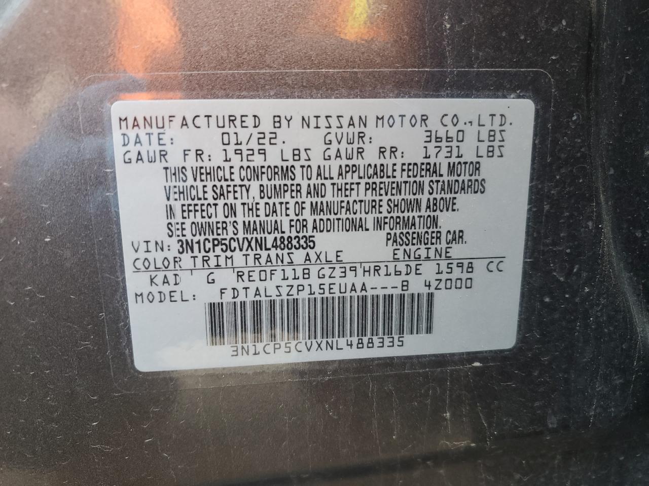 2022 NISSAN KICKS SV VIN:3N1CP5CVXNL488335