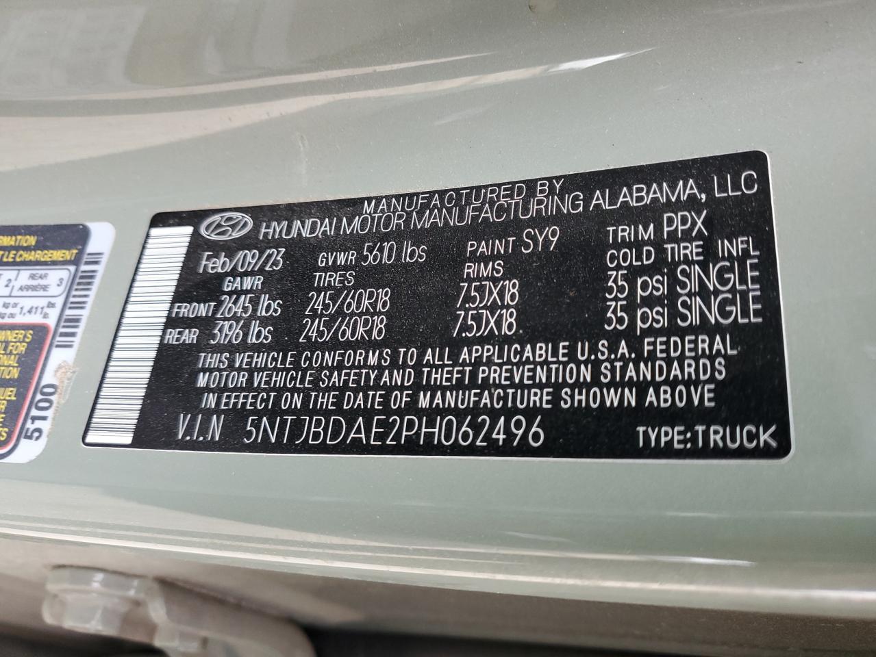 2023 HYUNDAI SANTA CRUZ SEL VIN:5NTJBDAE2PH062496