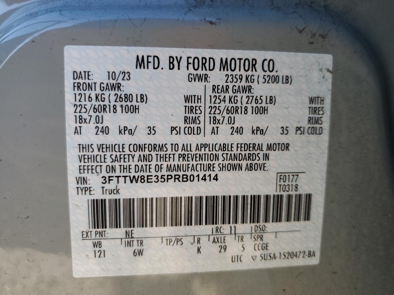 2023 FORD MAVERICK XL VIN:3FTTW8E35PRB01414