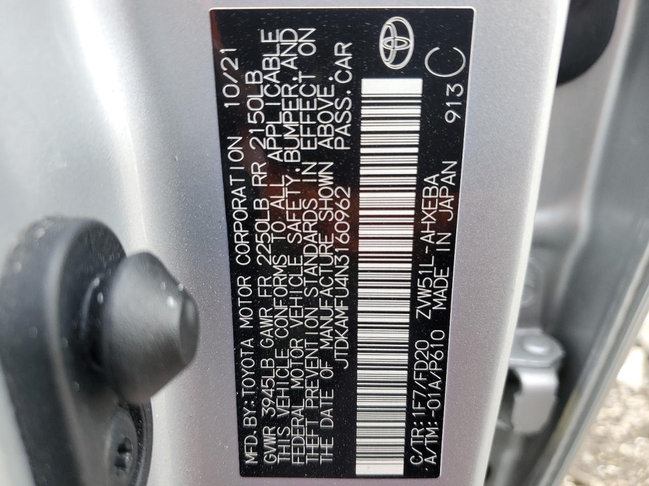 2022 TOYOTA PRIUS NIGHT SHADE VIN:JTDKAMFU4N3160962