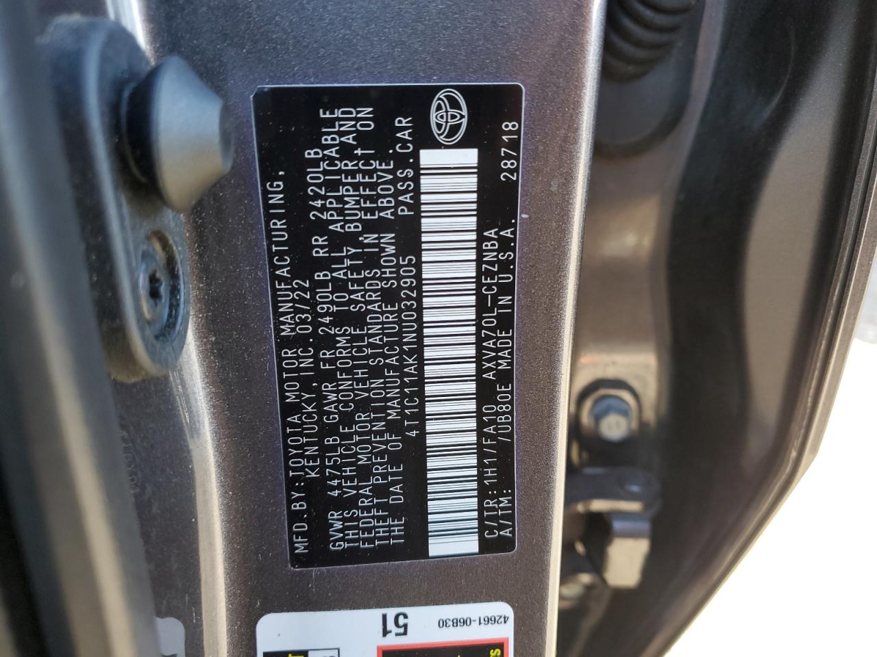 2022 TOYOTA CAMRY LE VIN:4T1C11AK1NU032905