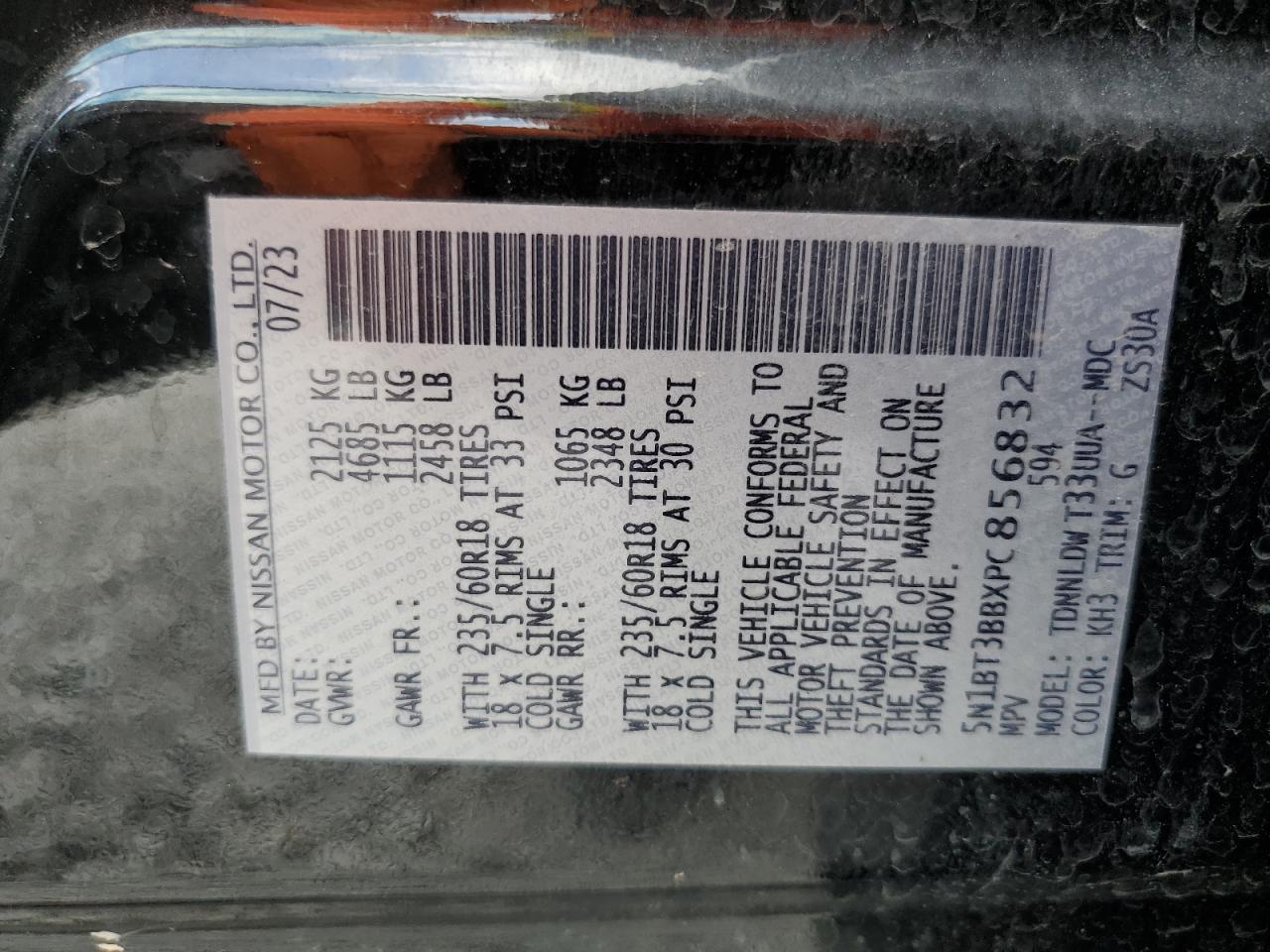 2023 NISSAN ROGUE SV VIN:5N1BT3BBXPC856832