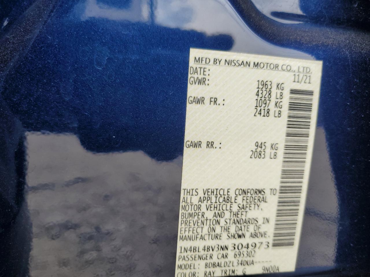 2022 NISSAN ALTIMA S VIN:1N4BL4BV3NN304973