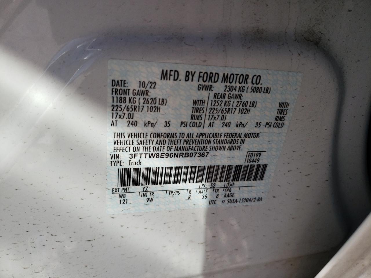 2022 FORD MAVERICK XL VIN:3FTTW8E96NRB07367