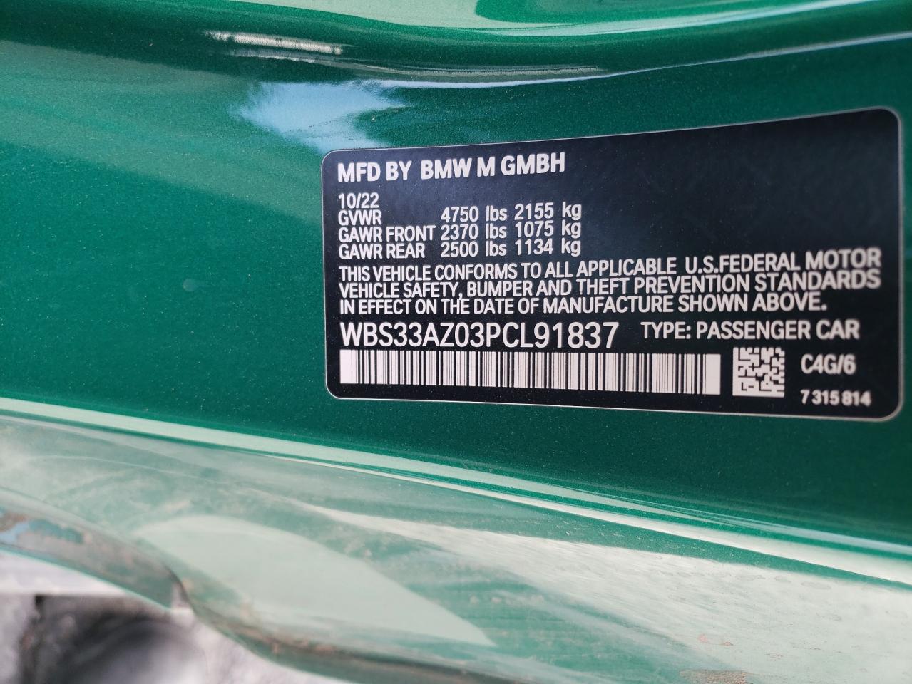 2023 BMW M4 COMPETITION VIN:WBS33AZ03PCL91837