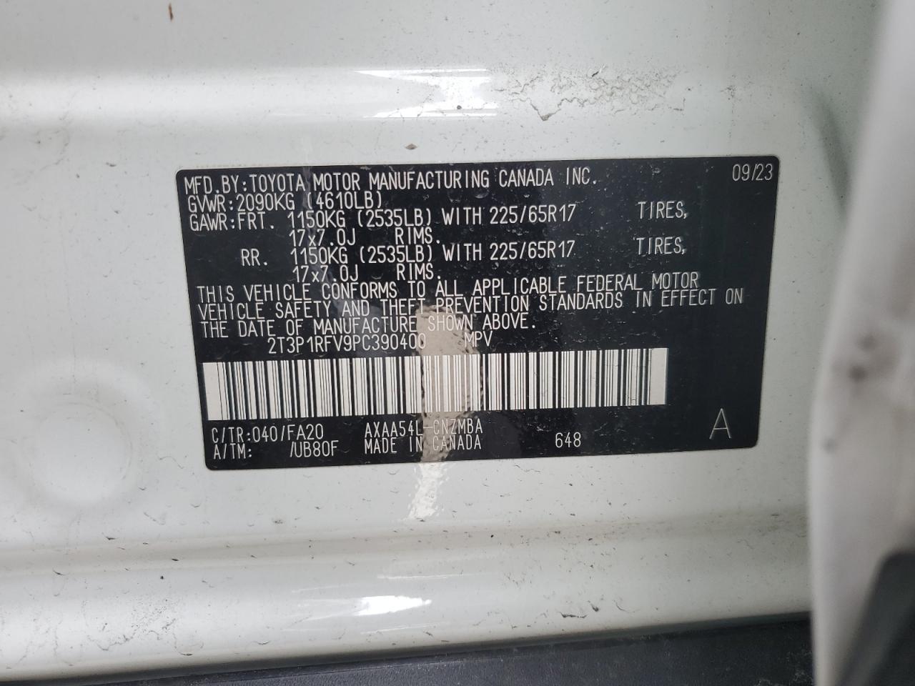 2023 TOYOTA RAV4 XLE VIN:2T3P1RFV9PC390400