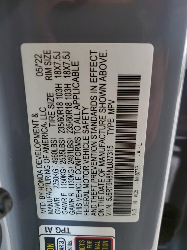 2022 HONDA CR-V EXL VIN:5J6RT6H85NL037315