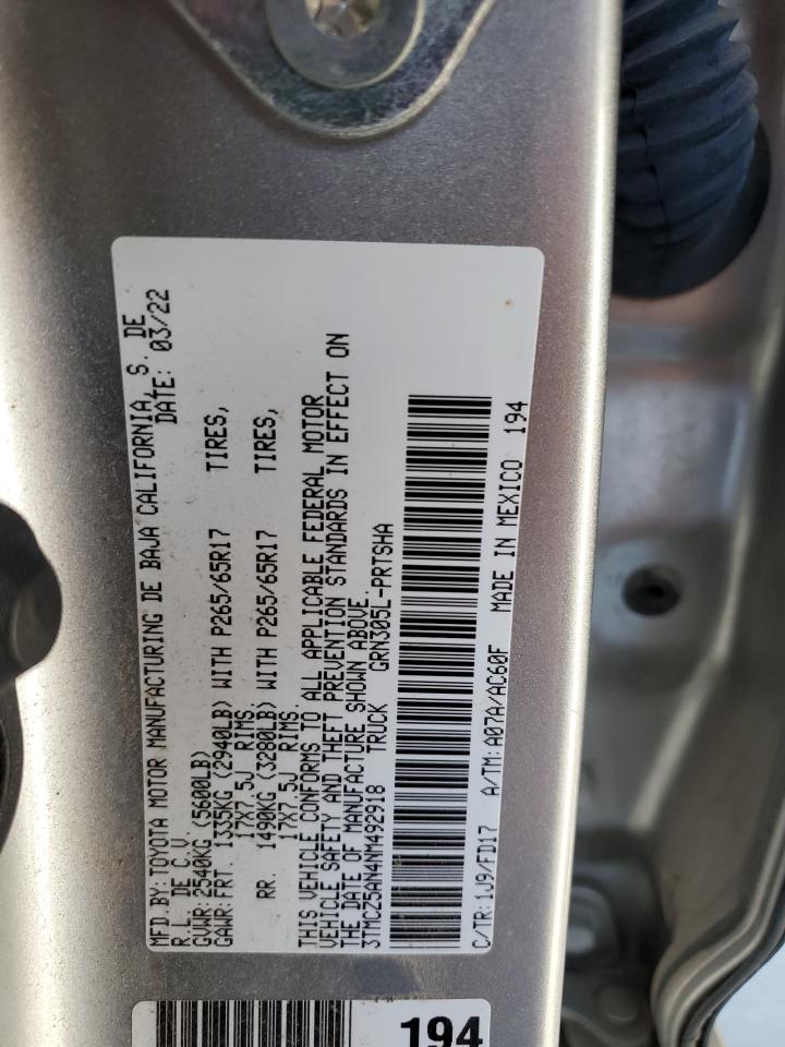 2022 TOYOTA TACOMA DOUBLE CAB VIN:3TMCZ5AN4NM492918