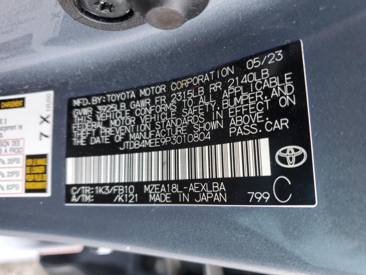 2023 TOYOTA COROLLA LE VIN:JTDB4MEE9P3010804