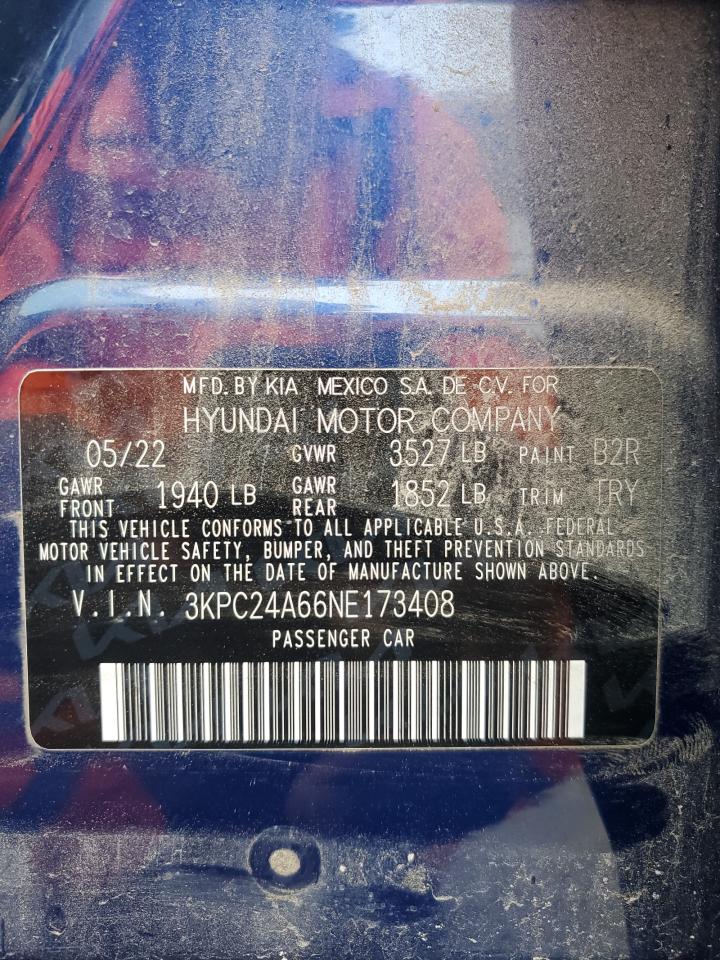 2022 HYUNDAI ACCENT SE VIN:3KPC24A66NE173408