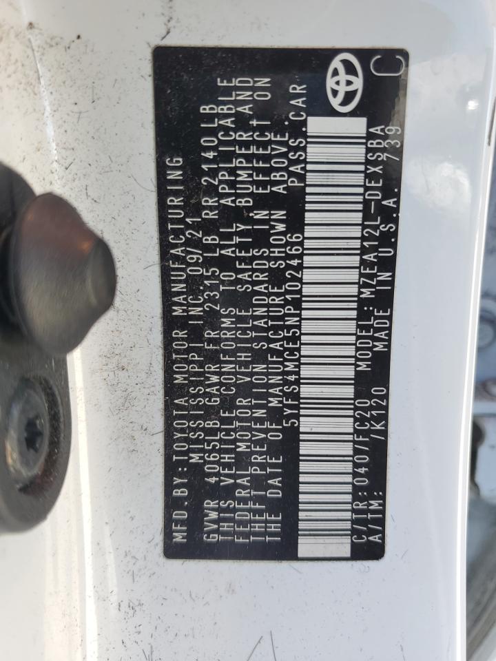 2022 TOYOTA COROLLA SE VIN:5YFS4MCE5NP102466