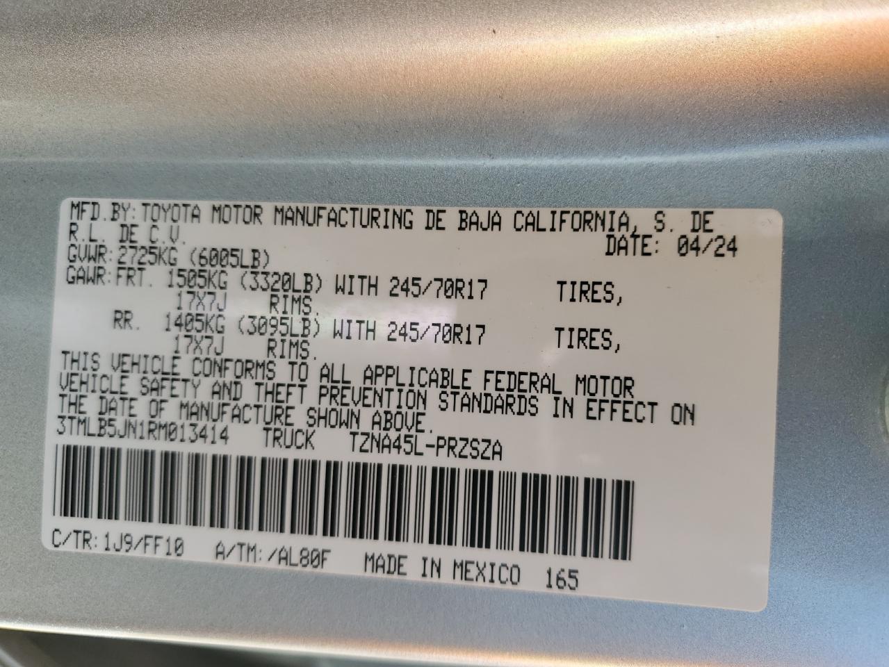 2024 TOYOTA TACOMA DOUBLE CAB VIN:3TMLB5JN1RM013414