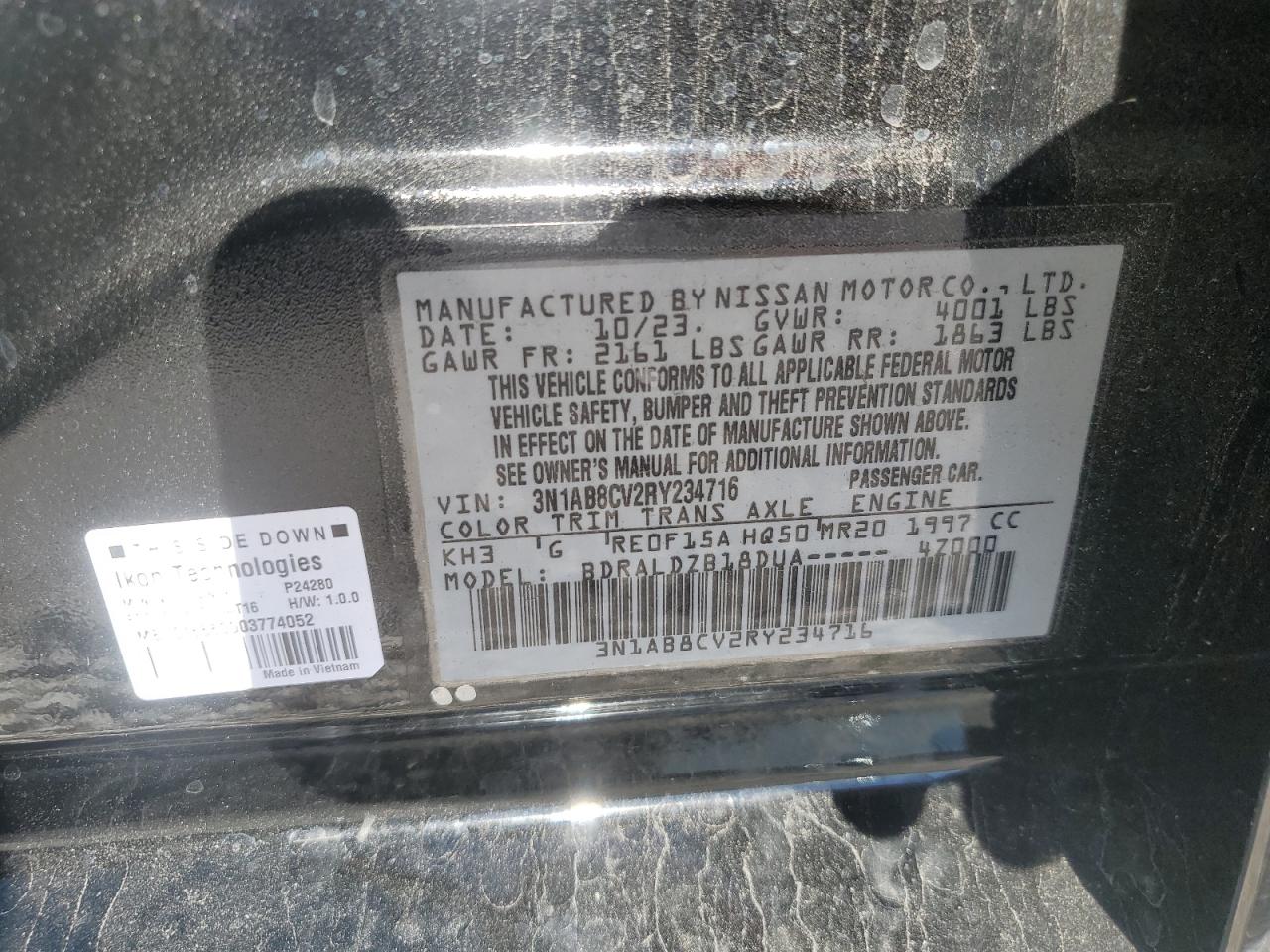 2024 NISSAN SENTRA SV VIN:3N1AB8CV2RY234716