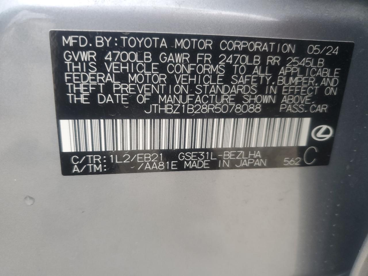 2024 LEXUS IS 350 F SPORT DESIGN VIN:JTHBZ1B28R5078088