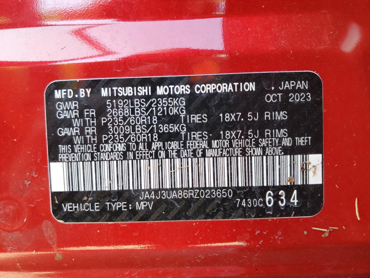 2024 MITSUBISHI OUTLANDER ES VIN:JA4J3UA86RZ023650