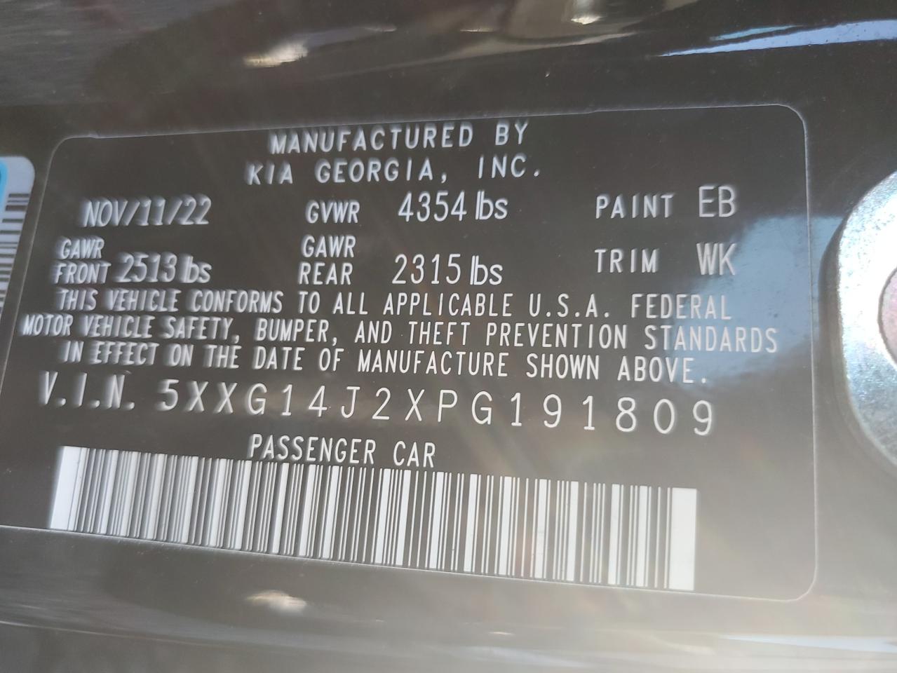 2023 KIA K5 LXS VIN:5XXG14J2XPG191809