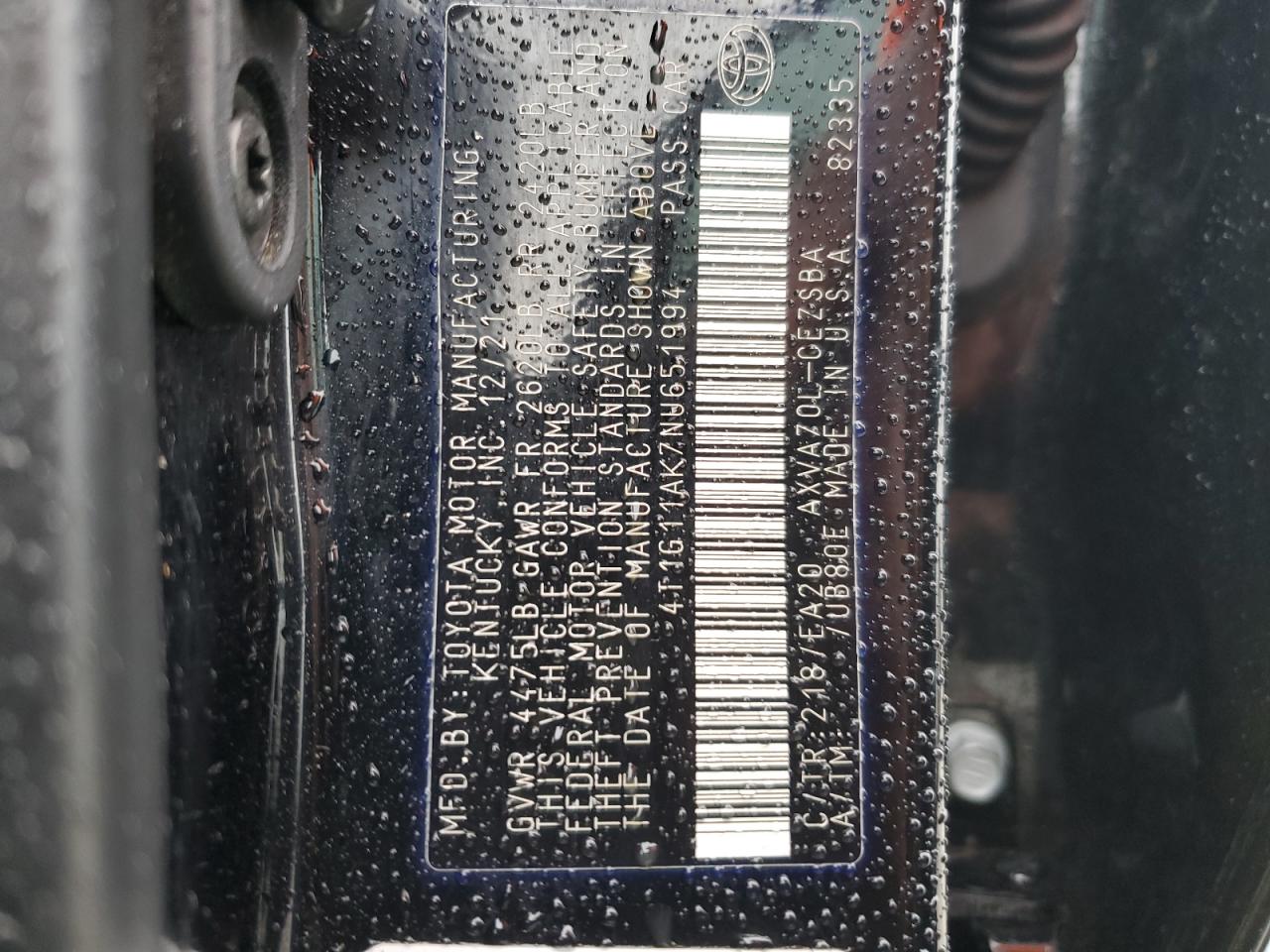 2022 TOYOTA CAMRY SE VIN:4T1G11AK7NU651994