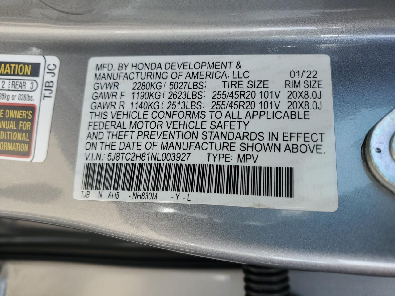 2022 ACURA RDX A-SPEC ADVANCE VIN:5J8TC2H81NL003927