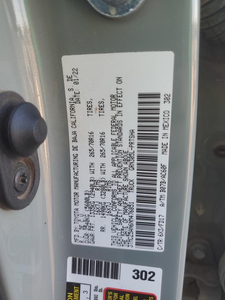 2022 TOYOTA TACOMA DOUBLE CAB VIN:3TMCZ5AN6NM476851