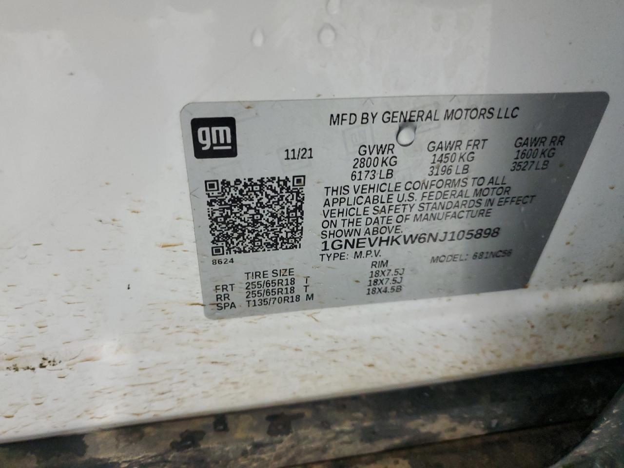 2022 CHEVROLET TRAVERSE LT VIN:1GNEVHKW6NJ105898