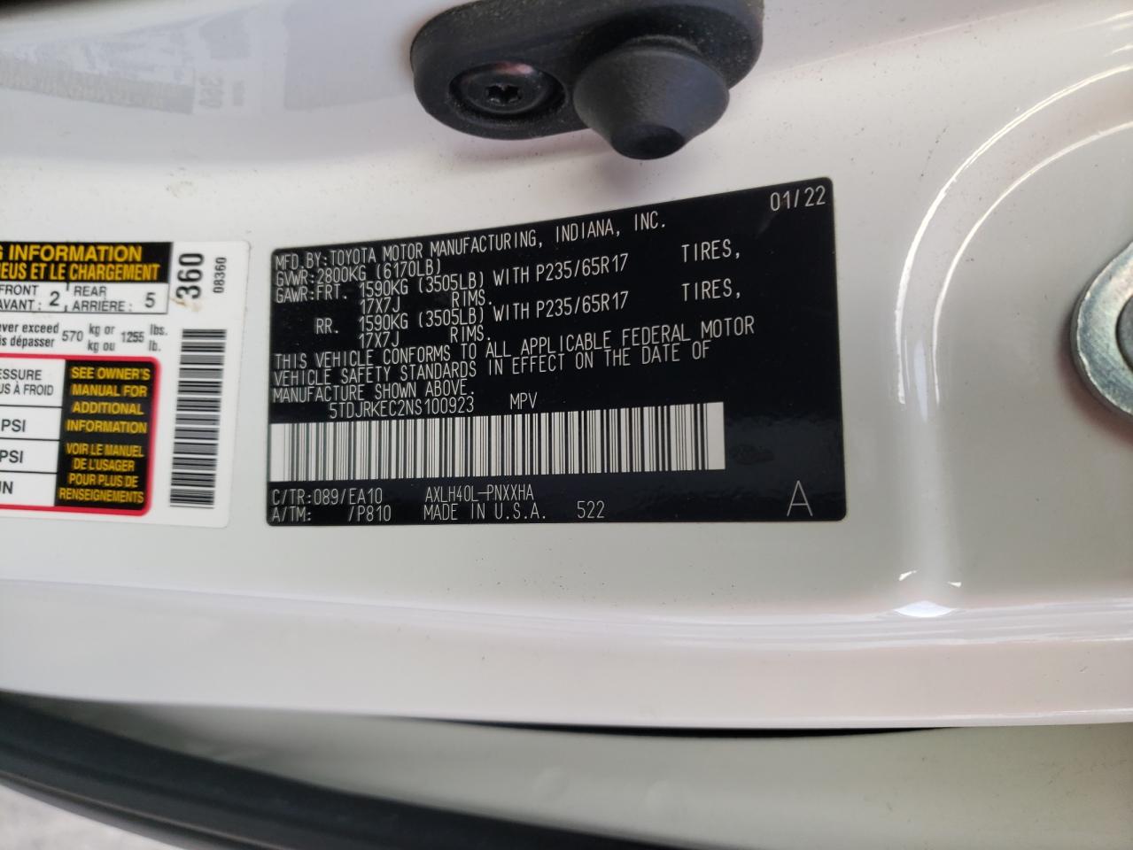 2022 TOYOTA SIENNA XLE VIN:5TDJRKEC2NS100923