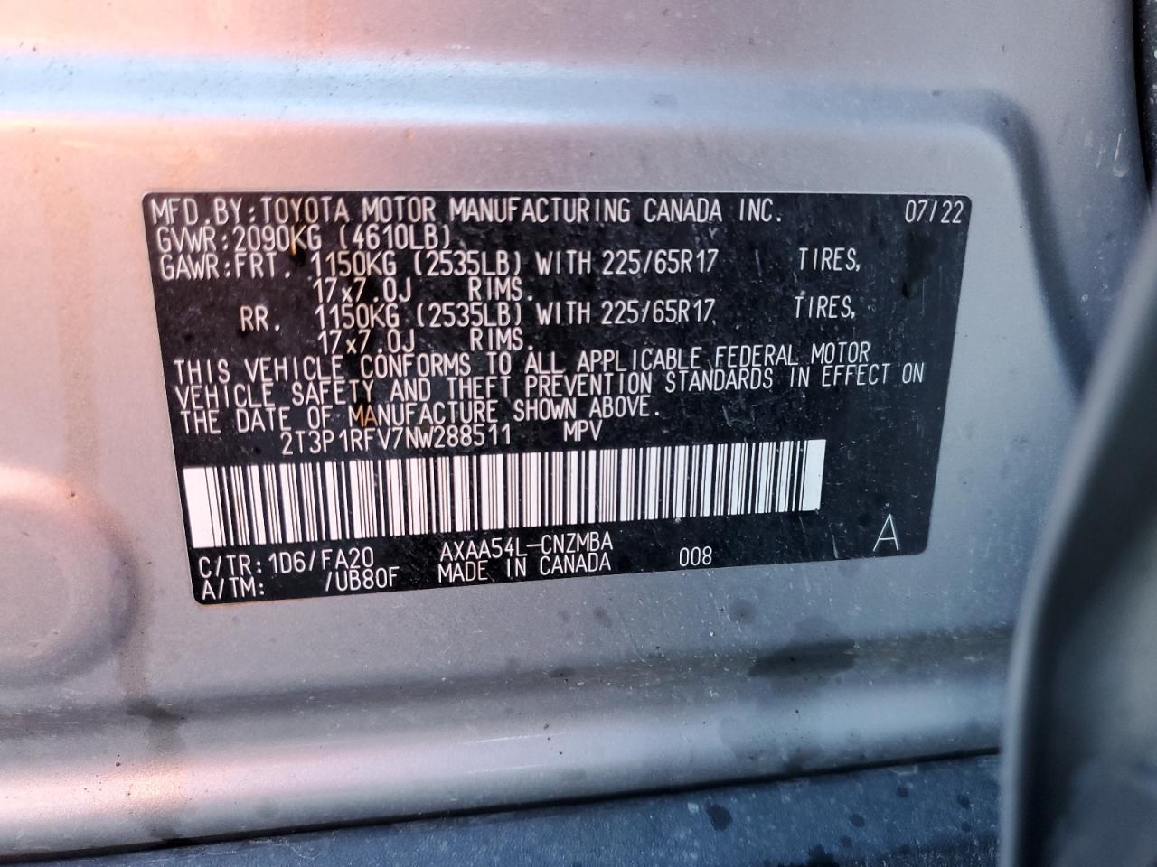 2022 TOYOTA RAV4 XLE VIN:2T3P1RFV7NW288511