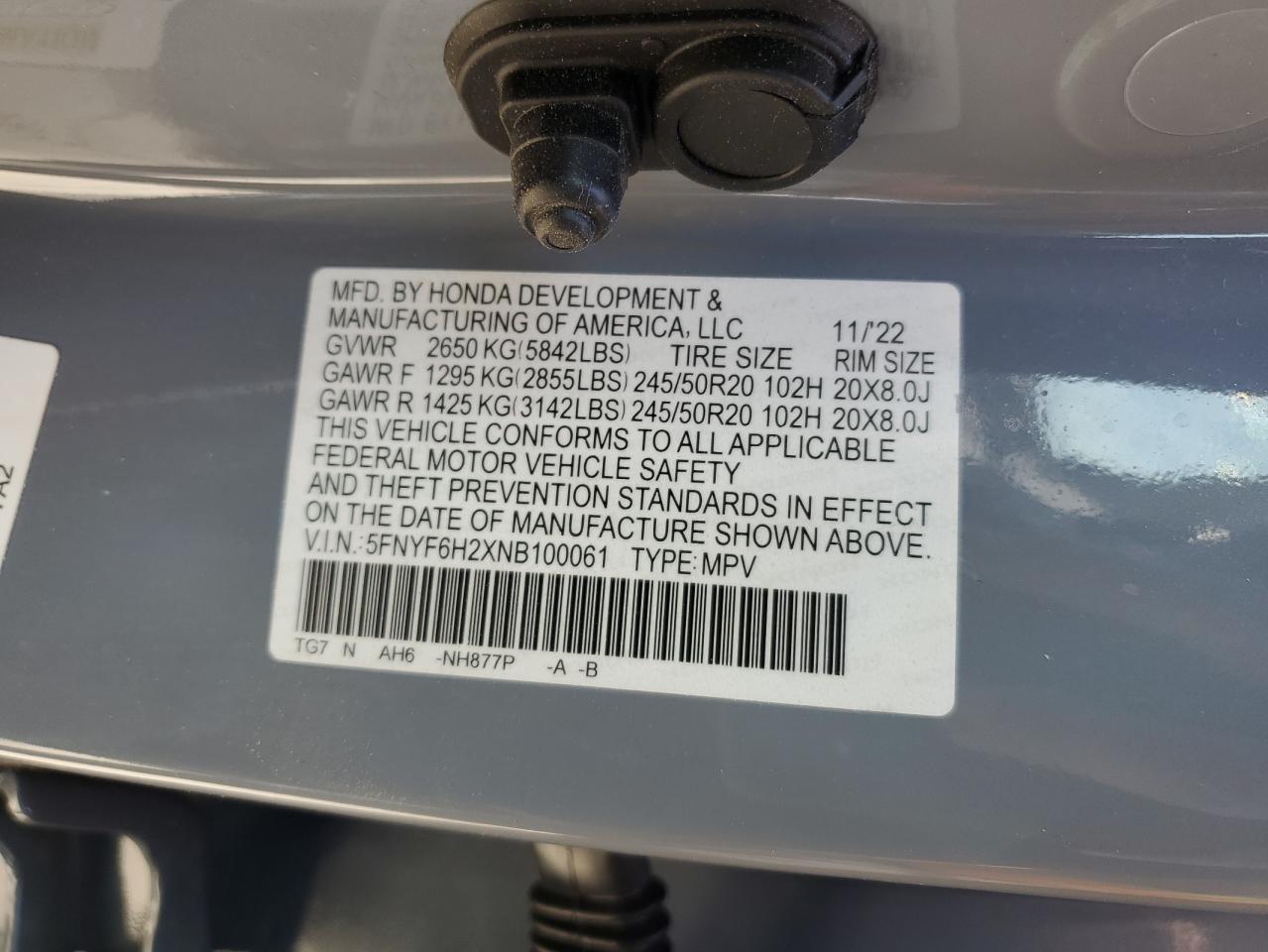 2022 HONDA PILOT SE VIN:5FNYF6H2XNB100061