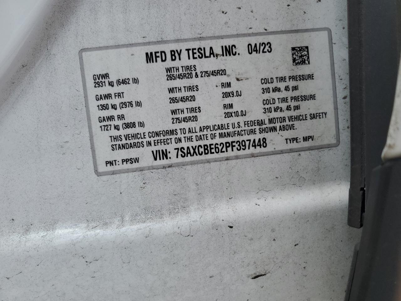 2023 TESLA MODEL X  VIN:7SAXCBE62PF397448