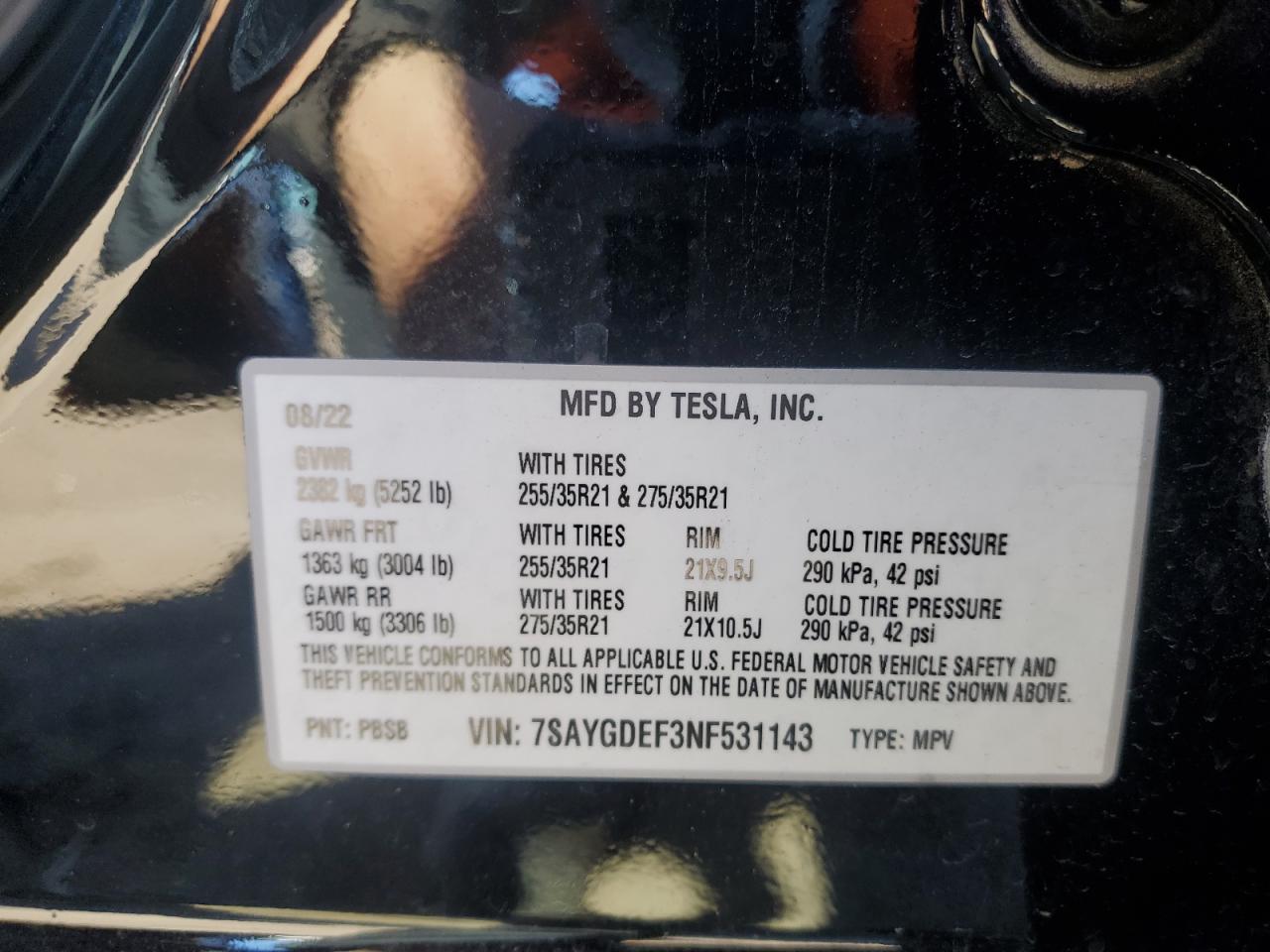 2022 TESLA MODEL Y  VIN:7SAYGDEF3NF531143