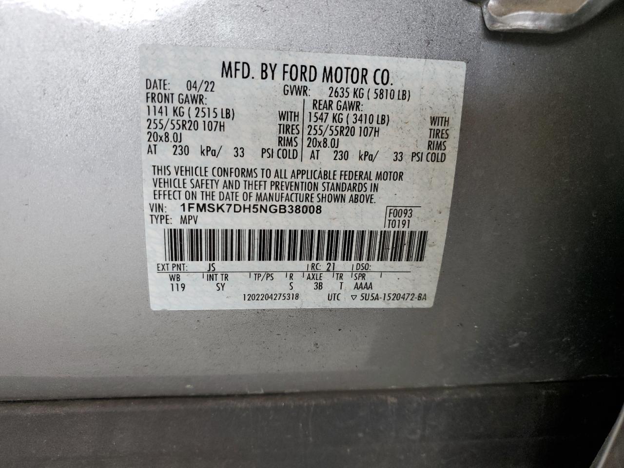 2022 FORD EXPLORER XLT VIN:1FMSK7DH5NGB38008