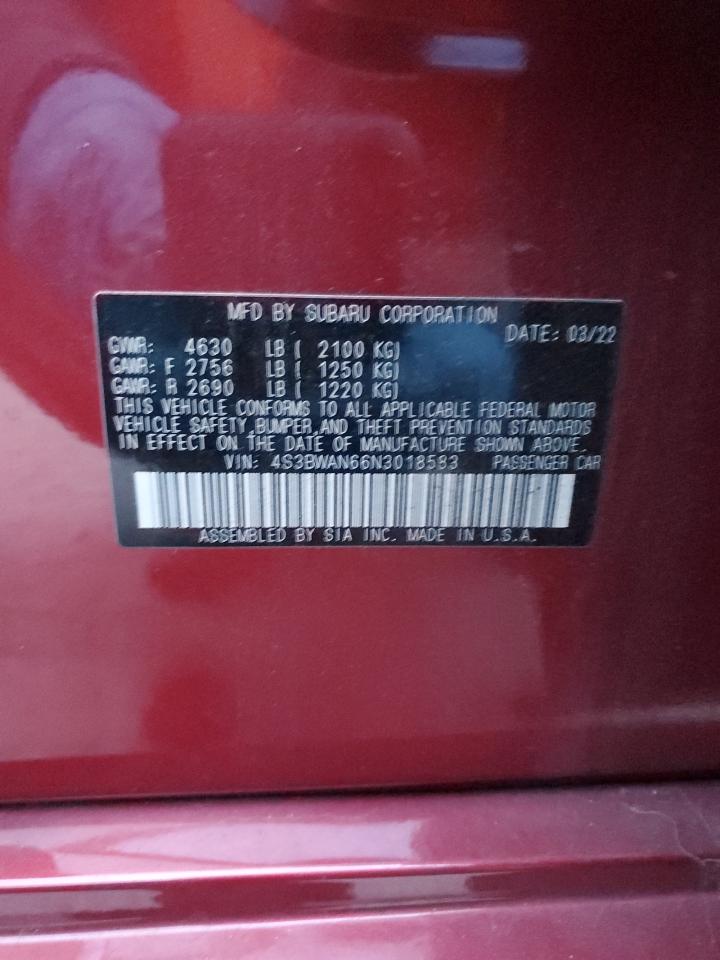 2022 SUBARU LEGACY LIMITED VIN:4S3BWAN66N3018583