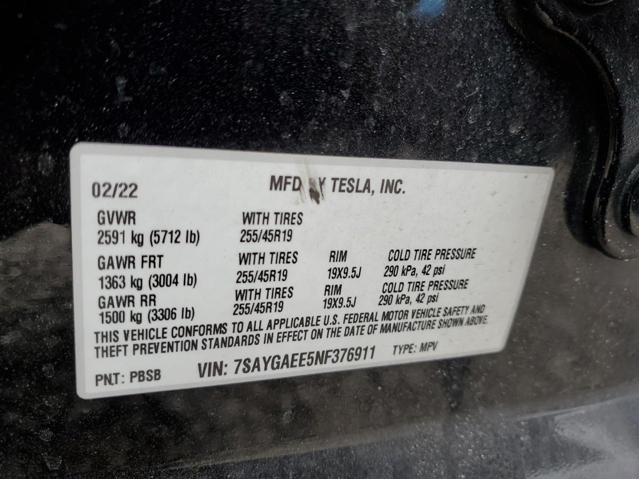 2022 TESLA MODEL Y  VIN:7SAYGAEE5NF376911